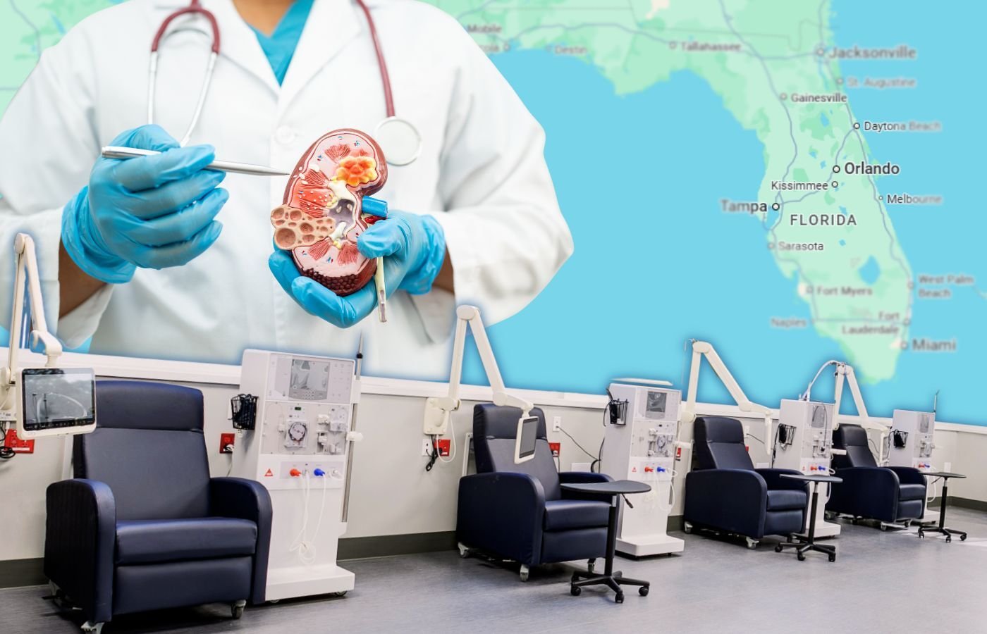 The 2025 RHA Annual Conference held in Orlando, Florida, a renal health doctor demonstrating kidney function with an anatomical model, and a row of dialysis recliners with individual patient spaces, personal patient televisions on mounting arms, and PDi equipment.