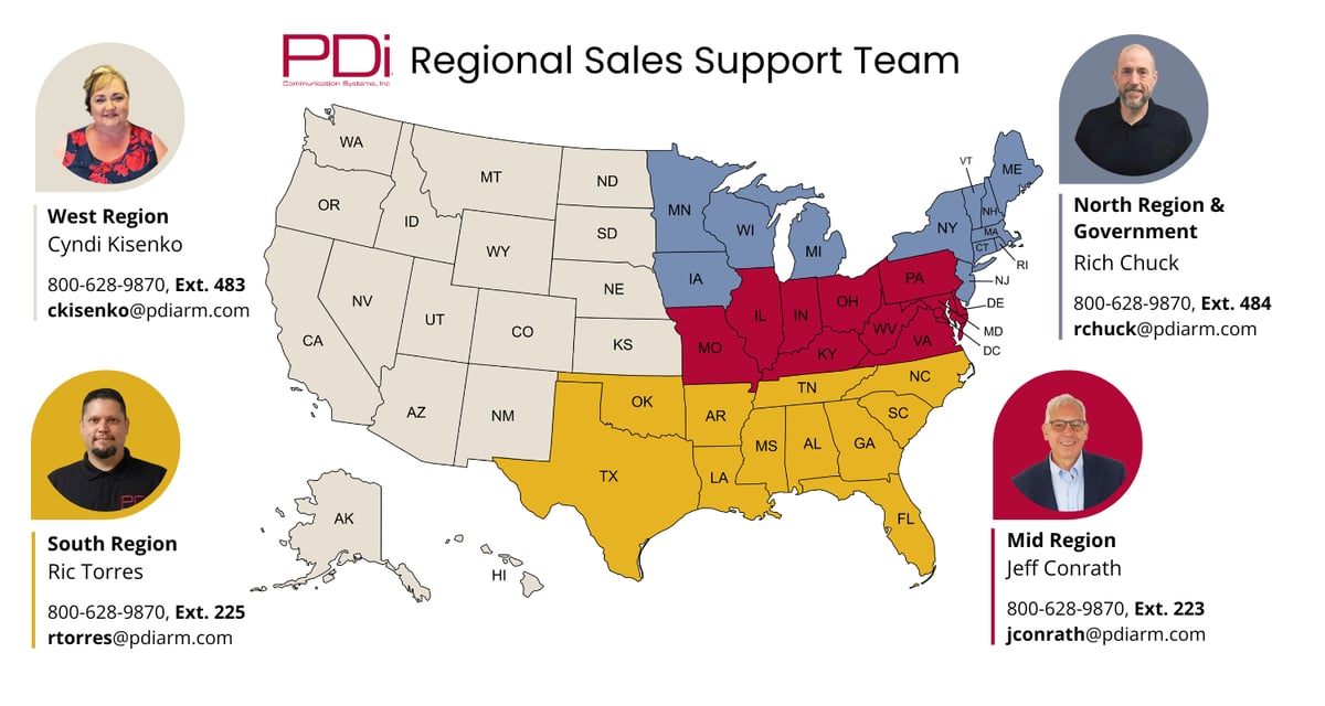 PDi Sales Support Team. West Region is Cyndi Kisenko, call 1-800-628-9870,483 or email ckisenko@pdiarm.com | South Region is Ric Torres. PDi Sales Support Team Map 08-2026,225 or email rtorres@pdiarm.com | North Region and Government is Rich Chuck. Call 1-800-628-9870,484 or email rchuck@pdiarm.com | Mid Region is Jeff Conrath. Call 1-800-628-9870,223 or email jconrath@pdiarm.com