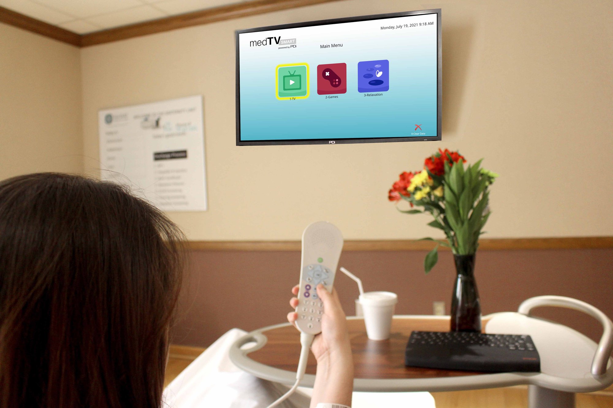 A-Series in a hospital room with home screen no internet