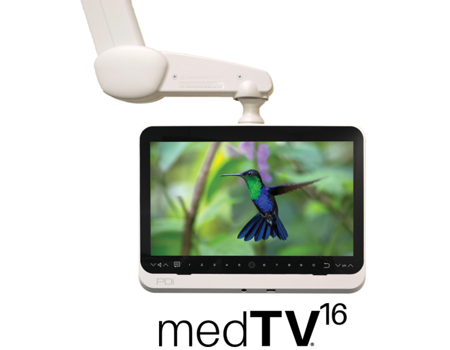 The medTV16 by PDi Communication Systems, Inc, display on a mounting arm with the medTV16 logo.