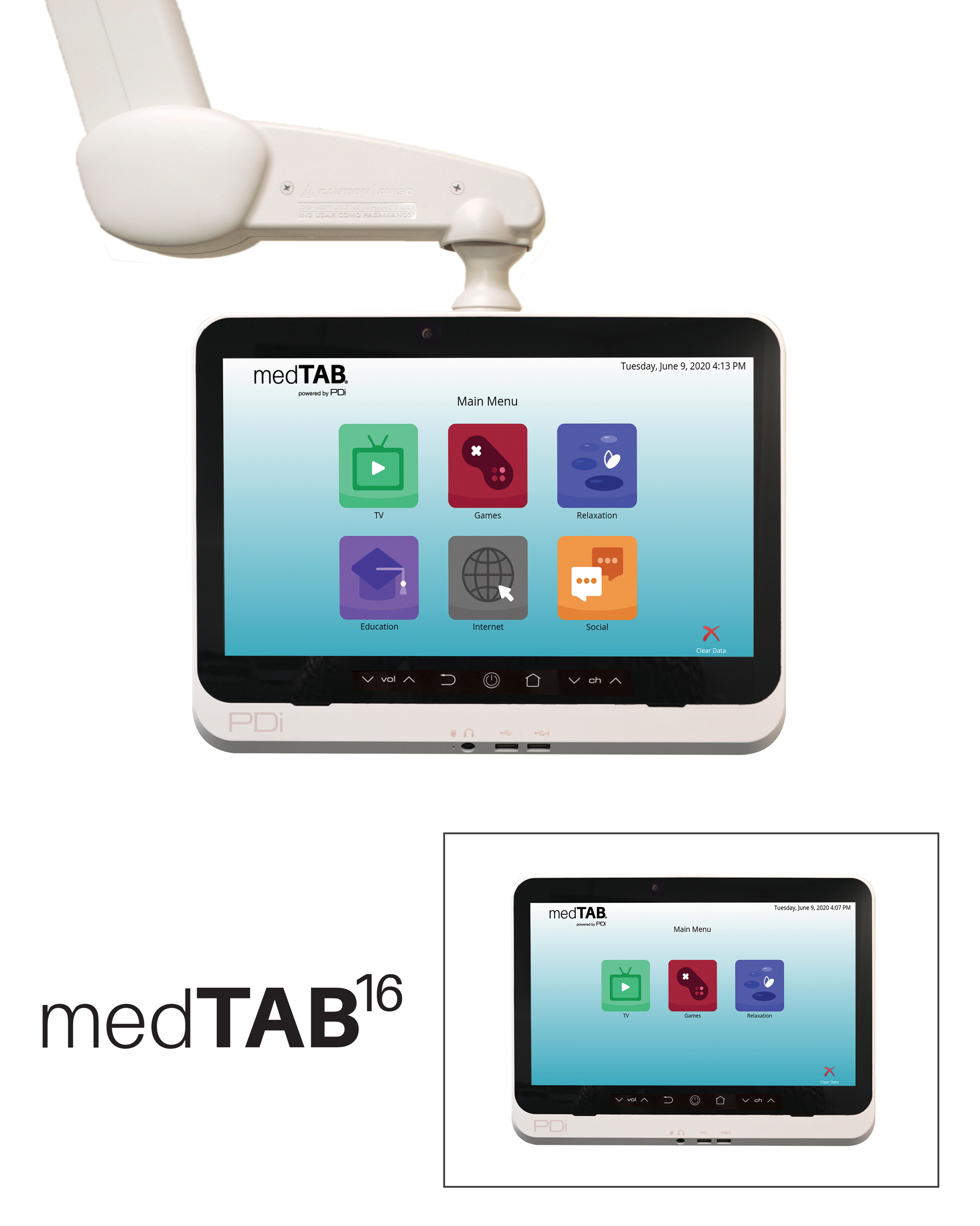 The medTAB16 by PDi Communication Systems, Inc, display on a mounting arm with the medTAB16 logo and an additional medTAB16 screen.
