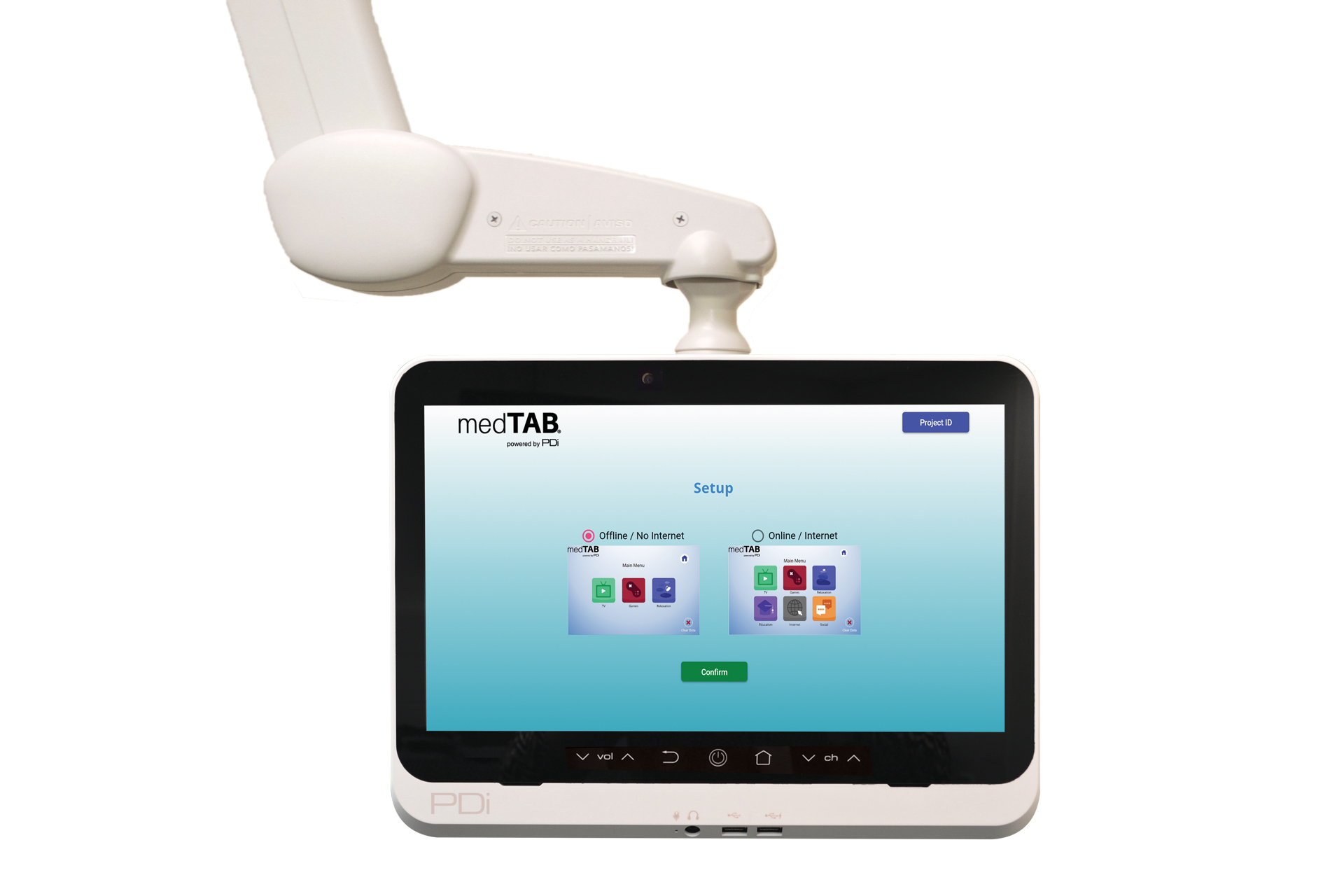 Product image of the medTAB16 healthcare television built by PDi Communication Systems, Inc. on the set up screen choosing between internet or no internet connection