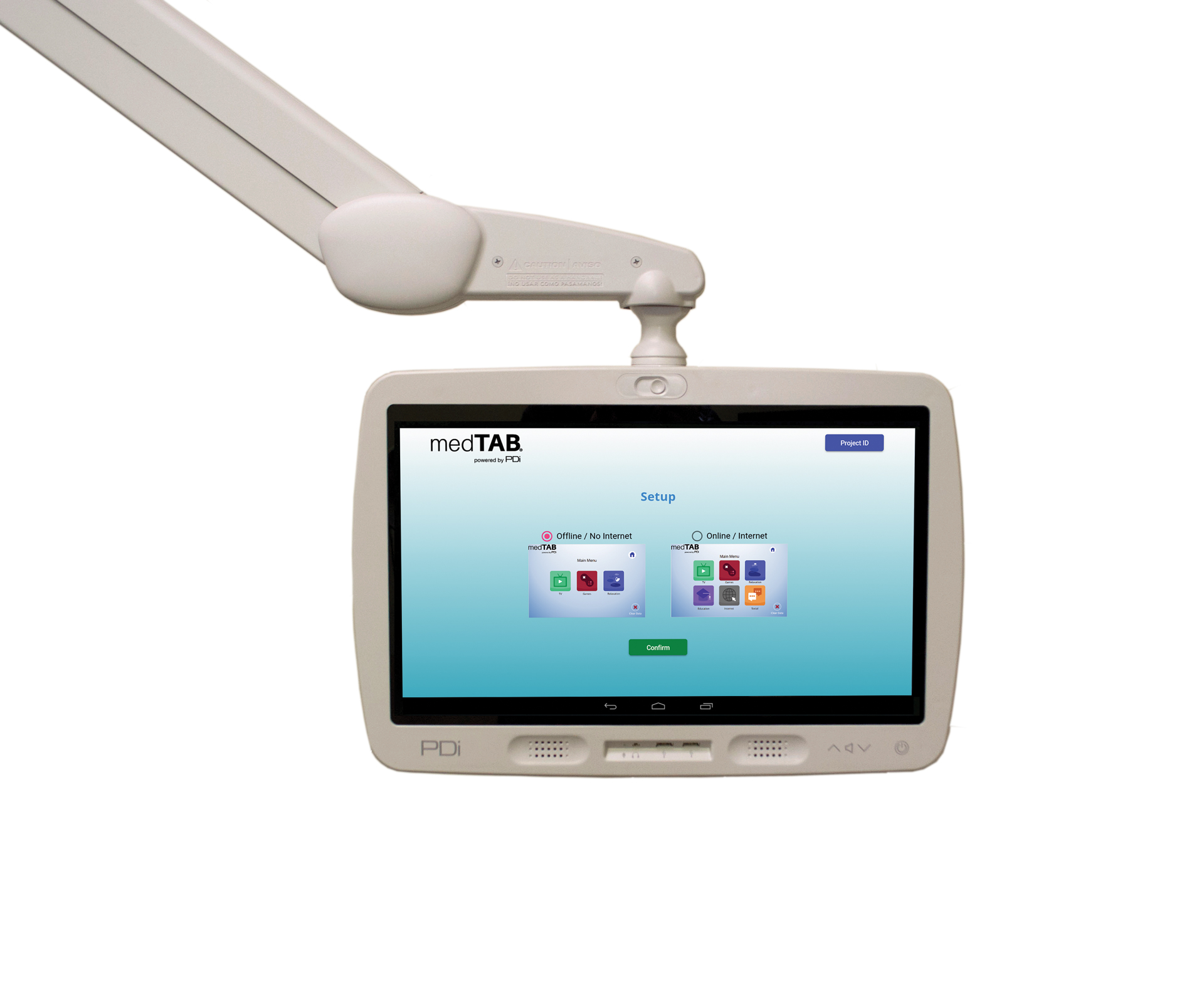 Product image of the medTAB19 healthcare television built by PDi Communication Systems, Inc. on the set up screen choosing between internet or no internet connection