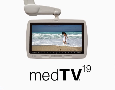 The medTV19 by PDi Communication Systems, Inc, display on a mounting arm with the medTV19 logo.