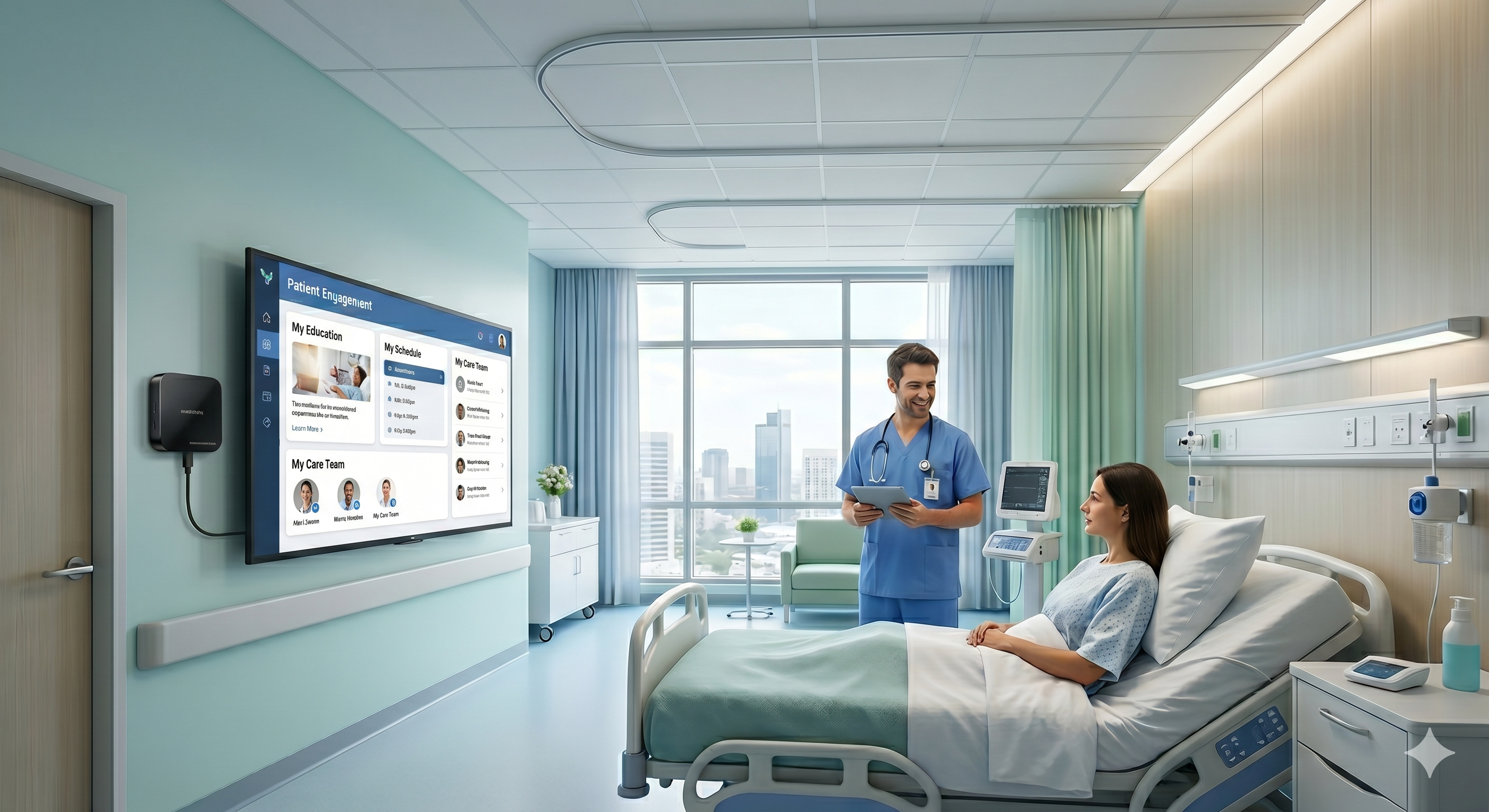 A modern smart hospital room demonstrating patient communication technology